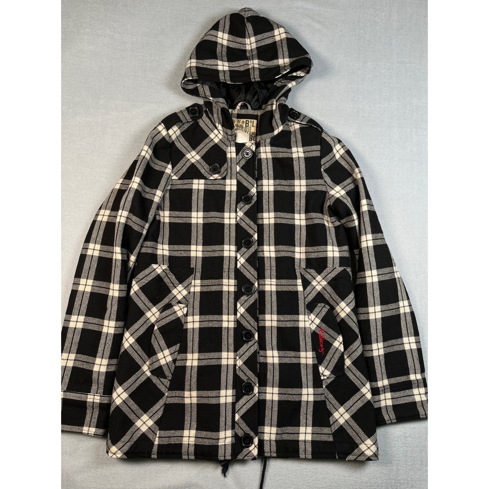 VTG Billabong Anoak Jacket Medium Black white Plaid Wool Toggle Drawstring Cabin